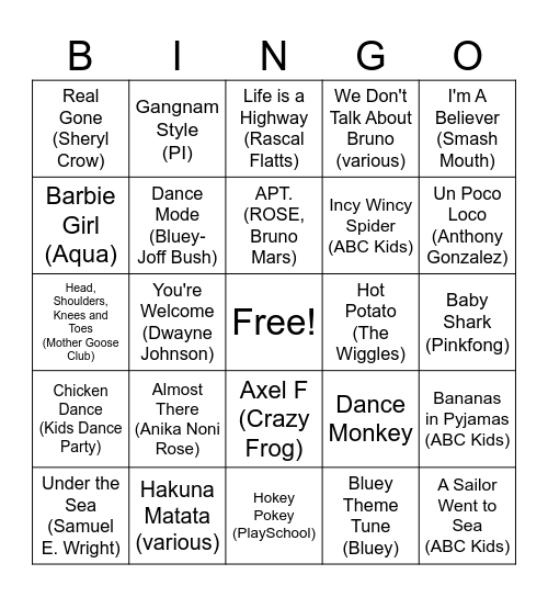 Kids Songs Bingo Card