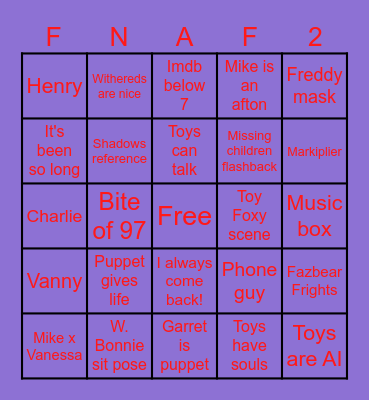 Fnaf 2 Movie Bingo Card