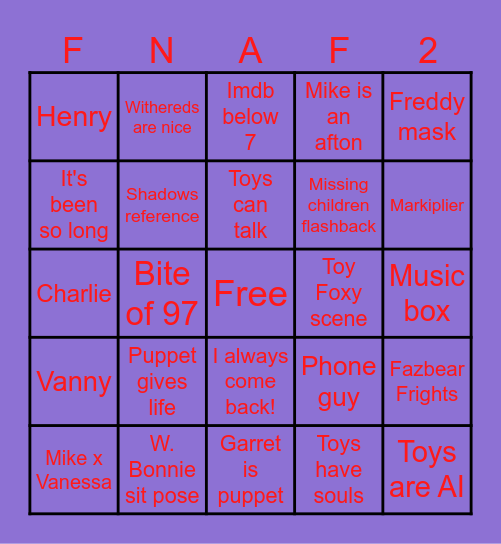 Fnaf 2 Movie Bingo Card