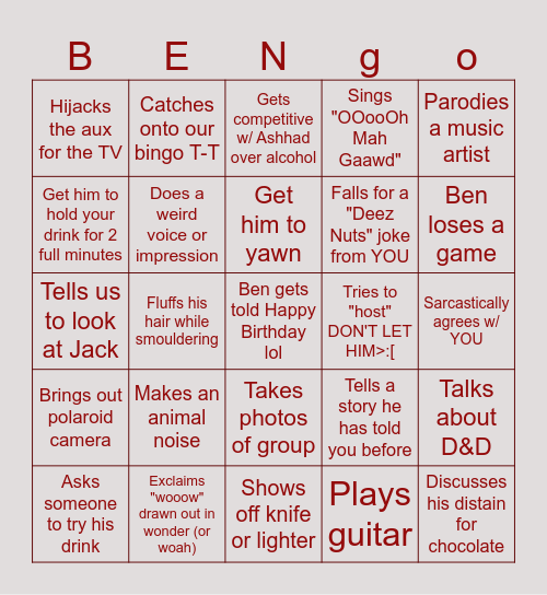 BENgo Bingo Card