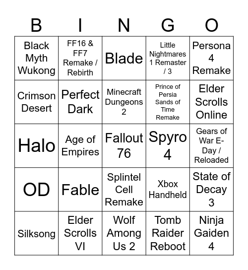 Xbox Showcase 2025 Bingo Card