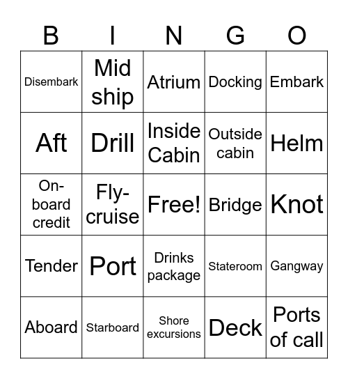 Cruise Lingo Bingo Card