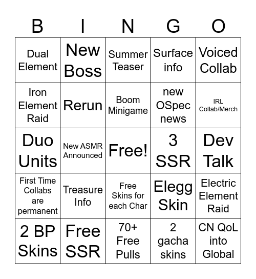 Nikke Stellar Blade Bingo Card