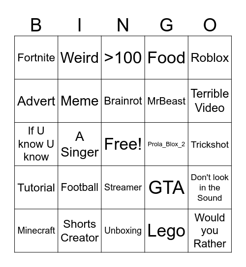 Youtube Bingo Card