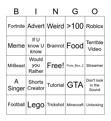 Youtube Bingo Card