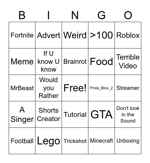 Youtube Bingo Card