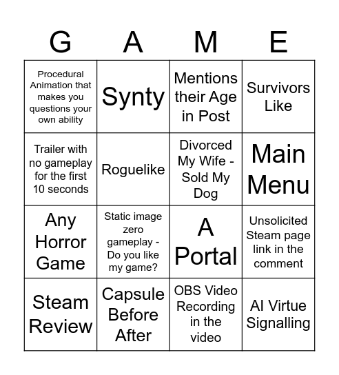 Game Dev Reddit Bingo Card