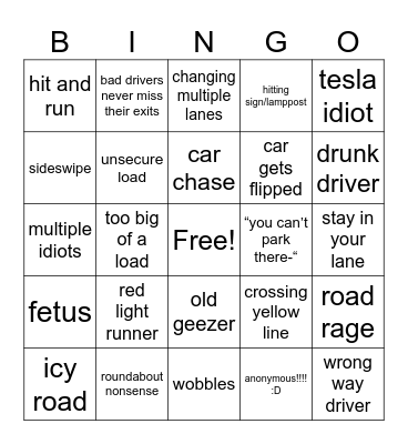 idiots in cars bingo Card