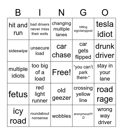 idiots in cars bingo Card