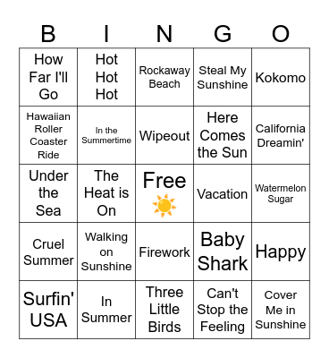Summer Music Bingo Card