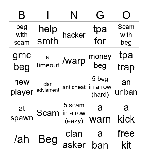 Mineberry server BINGO Card