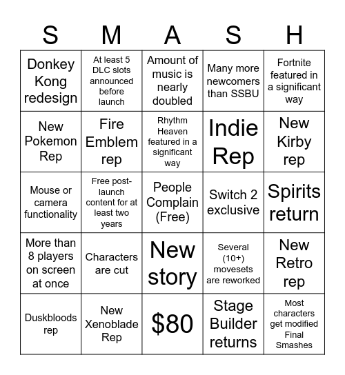 Smash 6 Bingo Card
