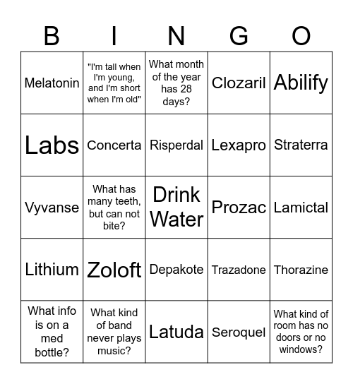 Psychiatric Medication Bingo Card
