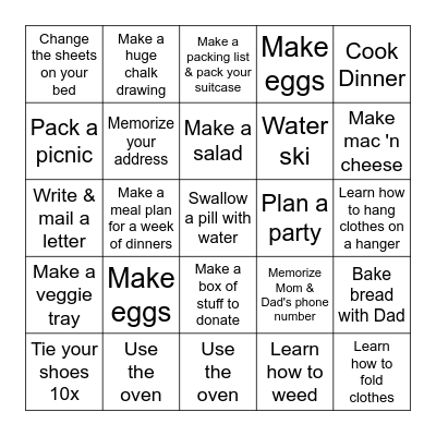 Summer Skills Bingo Card