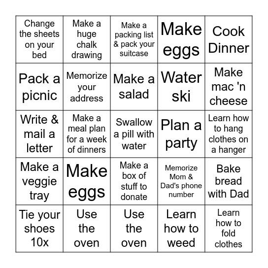 Summer Skills Bingo Card