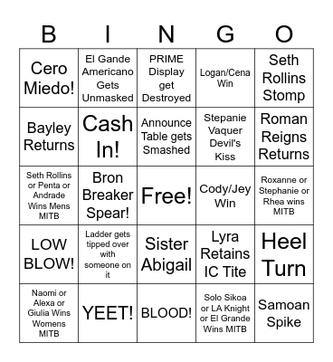 WWE MITB 2025 Bingo Card