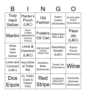 Cruise Ship Bar Bingo Card