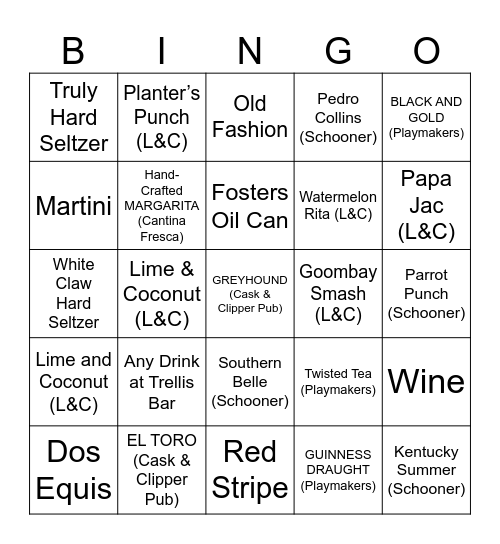 Cruise Ship Bar Bingo Card