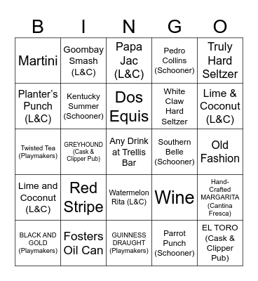 Cruise Ship Bar Bingo Card
