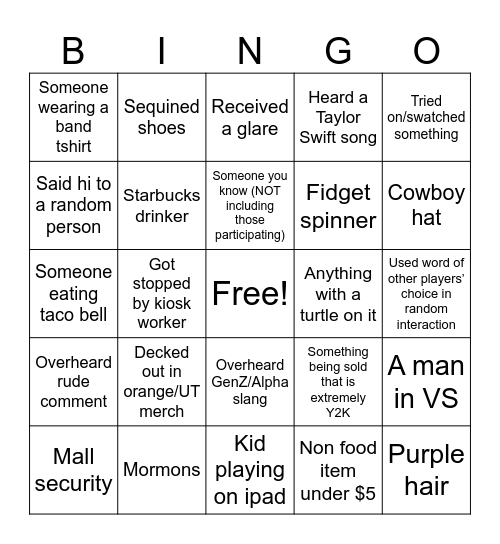 Mall Bingo Card