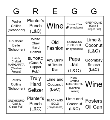 Cruise Ship Bar Bingo Card