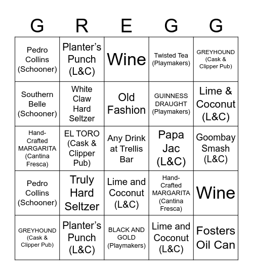 Cruise Ship Bar Bingo Card