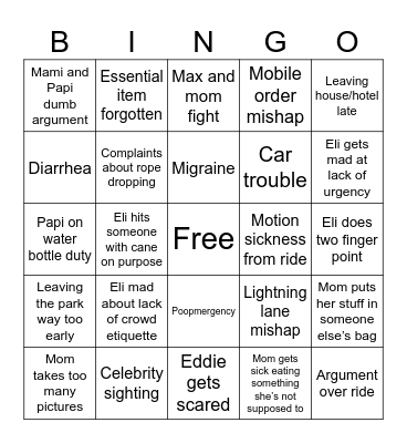 Diaz Disney Trip Bingo Card