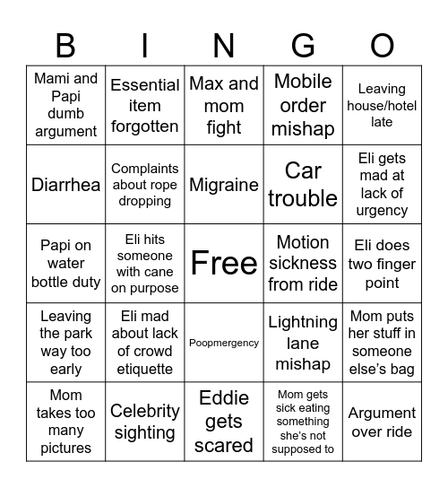 Diaz Disney Trip Bingo Card