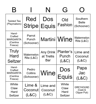 Cruise Ship Bar Bingo Card