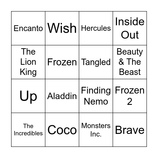 Guess the Disney Movie Bingo Card