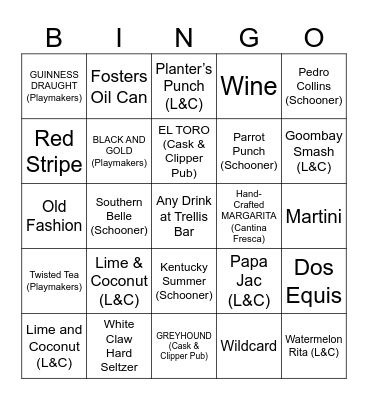 Cruise Ship Bar Bingo Card