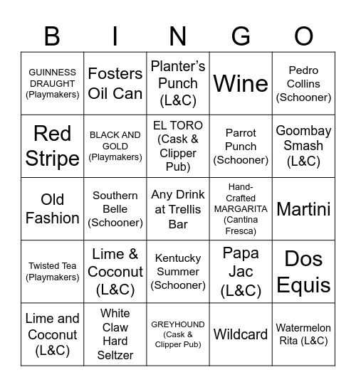 Cruise Ship Bar Bingo Card