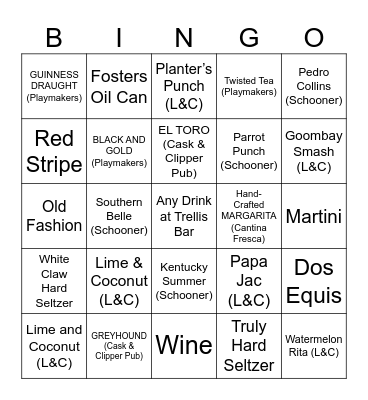 Cruise Ship Bar Bingo Card