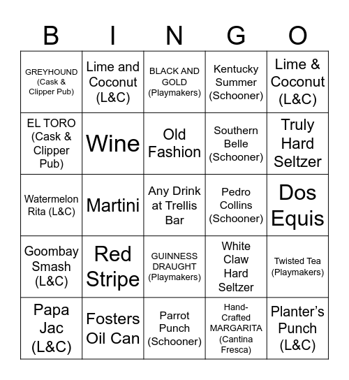 Wonder of the Seas Bar Bingo Card
