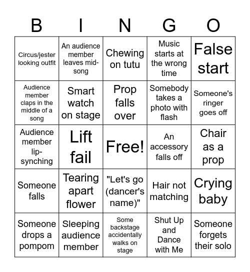 Dance Bingo Card