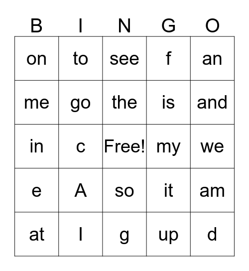 Sight Word Bingo Card