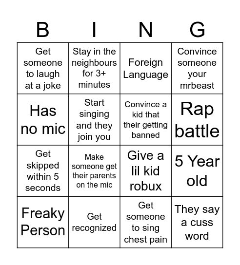 ROBLOX NEIGHBOURS BINGO Card