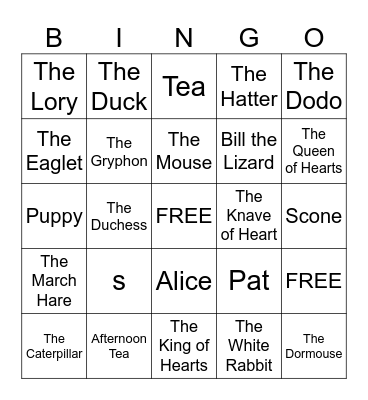 Alice In Wonderland Bingo Card