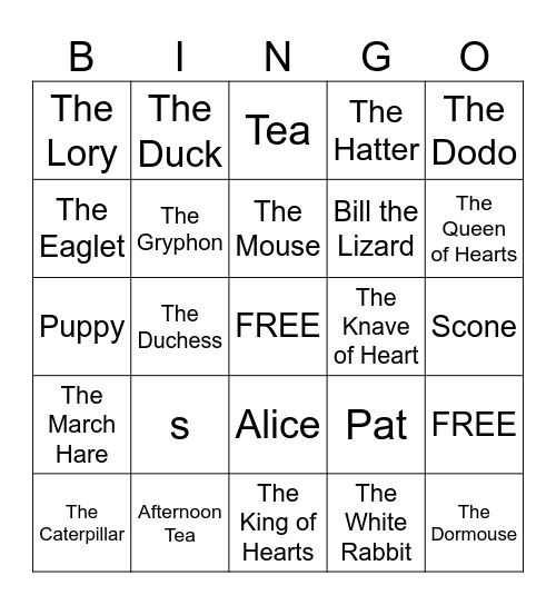 Alice In Wonderland Bingo Card