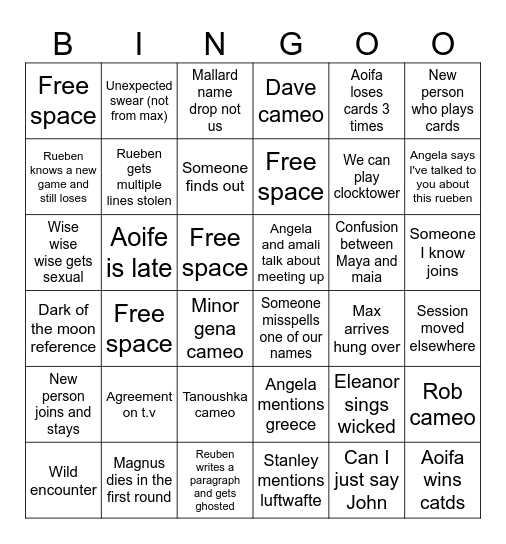 Saturday group bingo Card