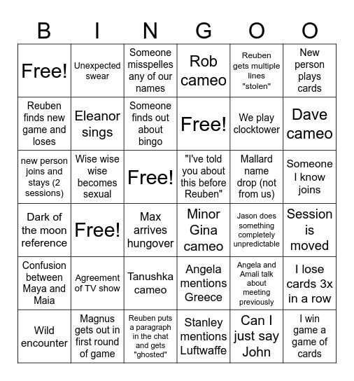Saturday Group Bingo Card