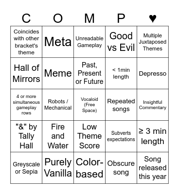 Competition 21: Juxtaposition Bingo Card