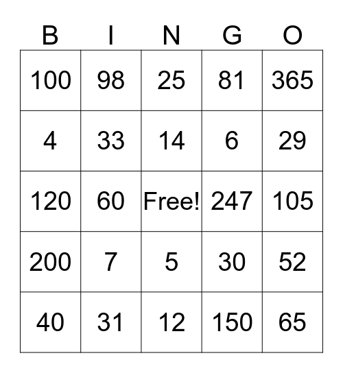 Number Sense Bingo Card