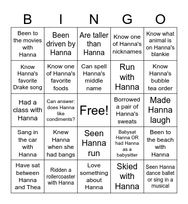 How well do you know Hanna? Bingo Card