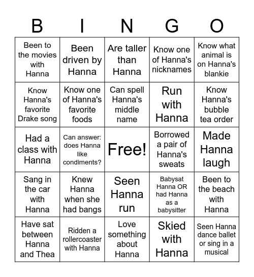 How well do you know Hanna? Bingo Card