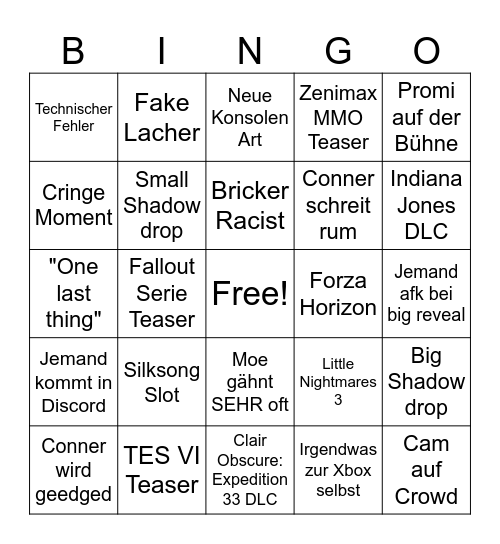 XBOX Showcase Bingo Card