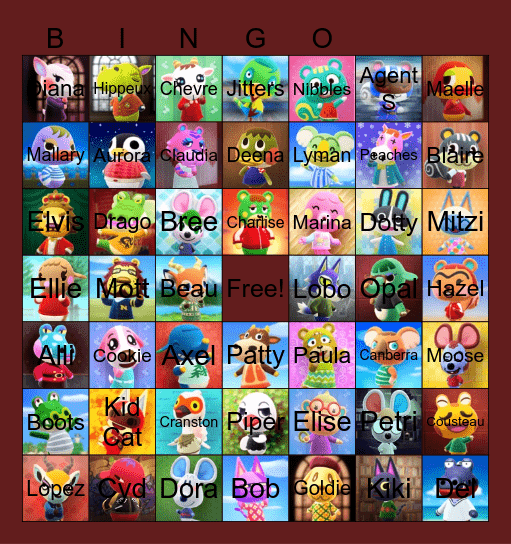 Animal Crossing Villager Hunting Bingo Card