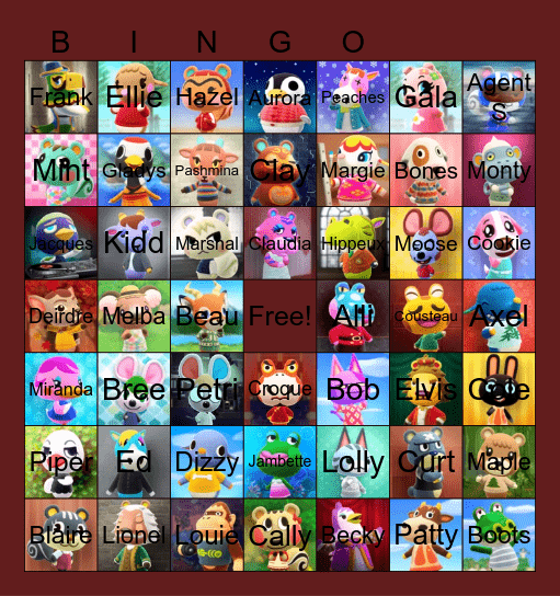 Animal Crossing Villager Hunting Bingo Card