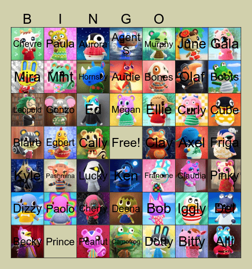 Animal Crossing Villager Hunting Bingo Card