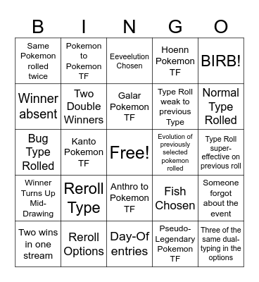 Pokemon TF Event Bingo Card